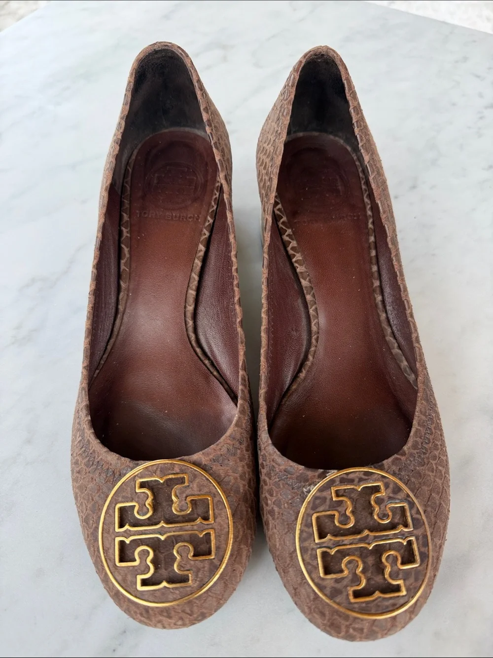 Tory Burch Brown Textured Block Heel Pumps with Gold Logo